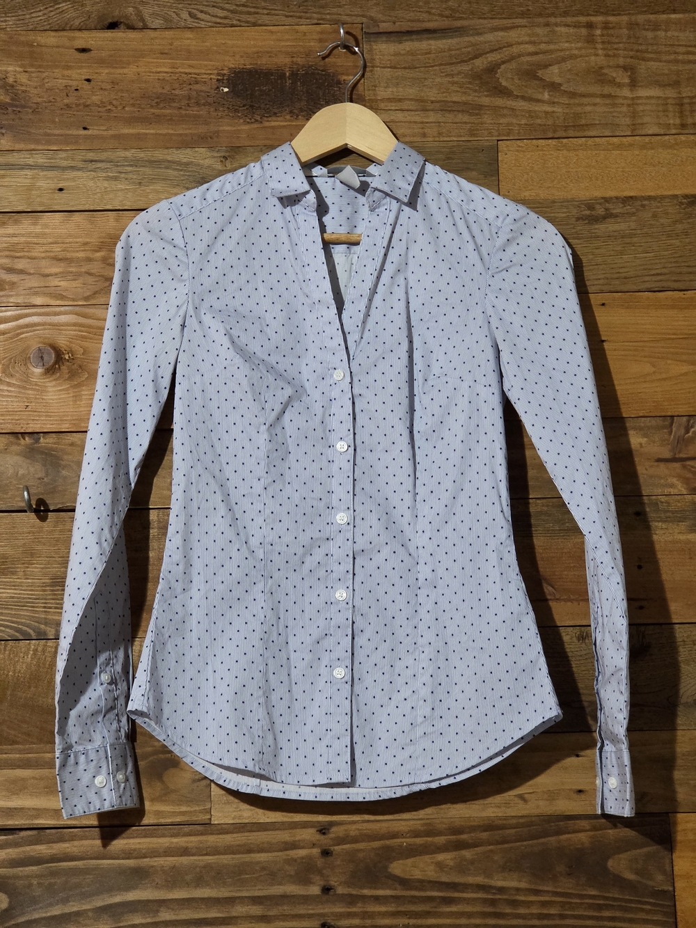 H&M Cotton Blend Fitted Button Down Shirt Polka Dot Stripe Preppy Career US 2